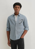 Blue Plain Cotton Single Pocket Shirt
