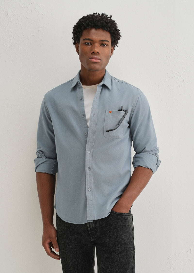 Blue Plain Cotton Single Pocket Shirt