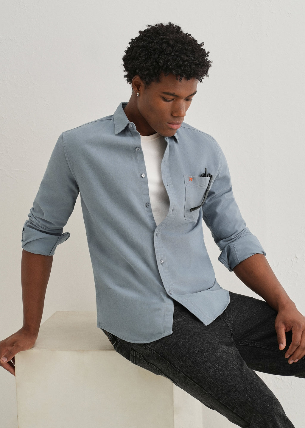 Blue Plain Cotton Single Pocket Shirt