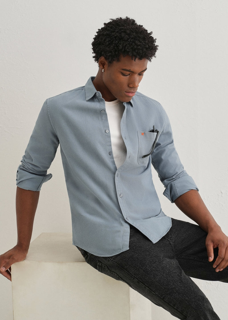 Blue Plain Cotton Single Pocket Shirt