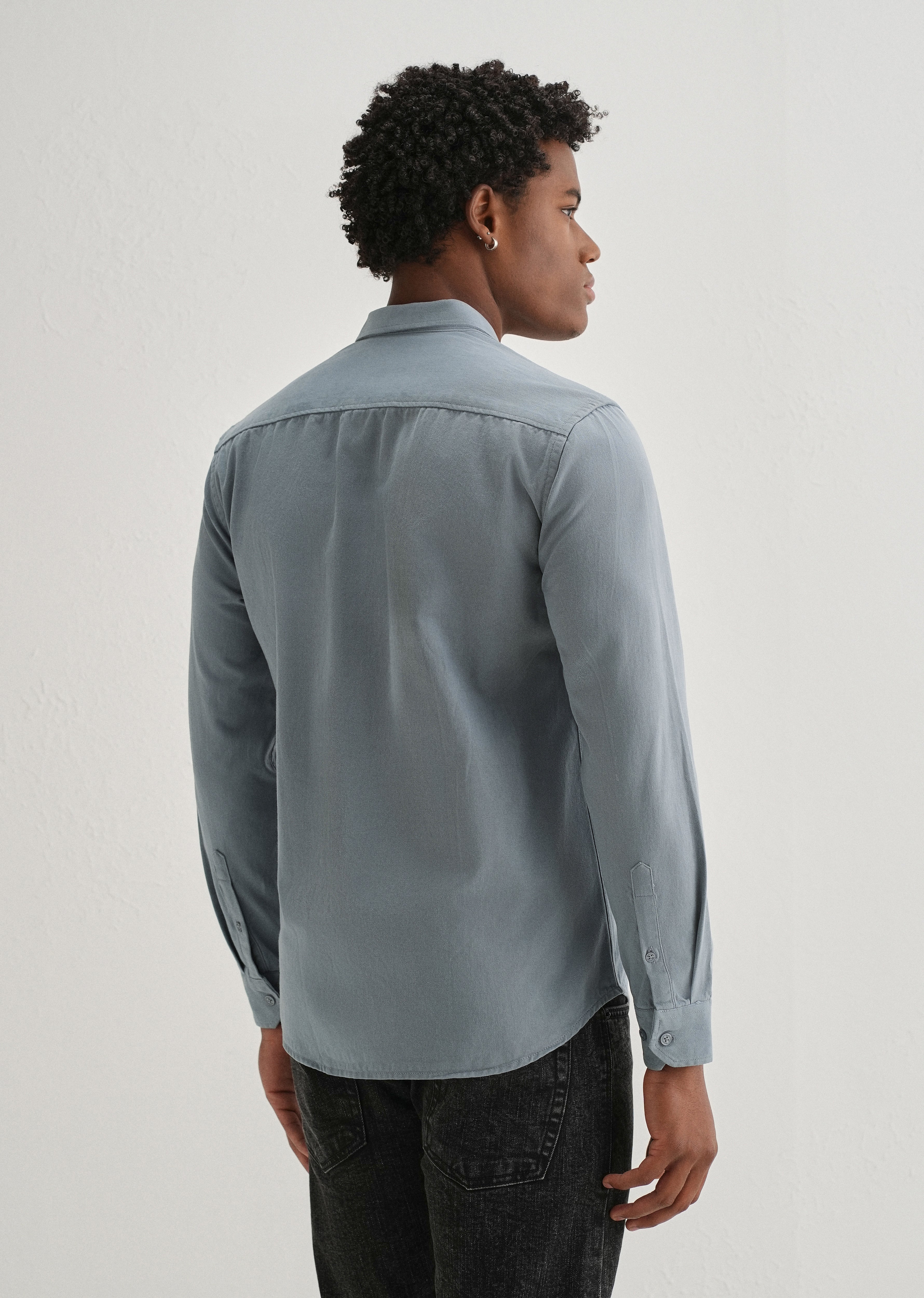Blue Plain Cotton Single Pocket Shirt