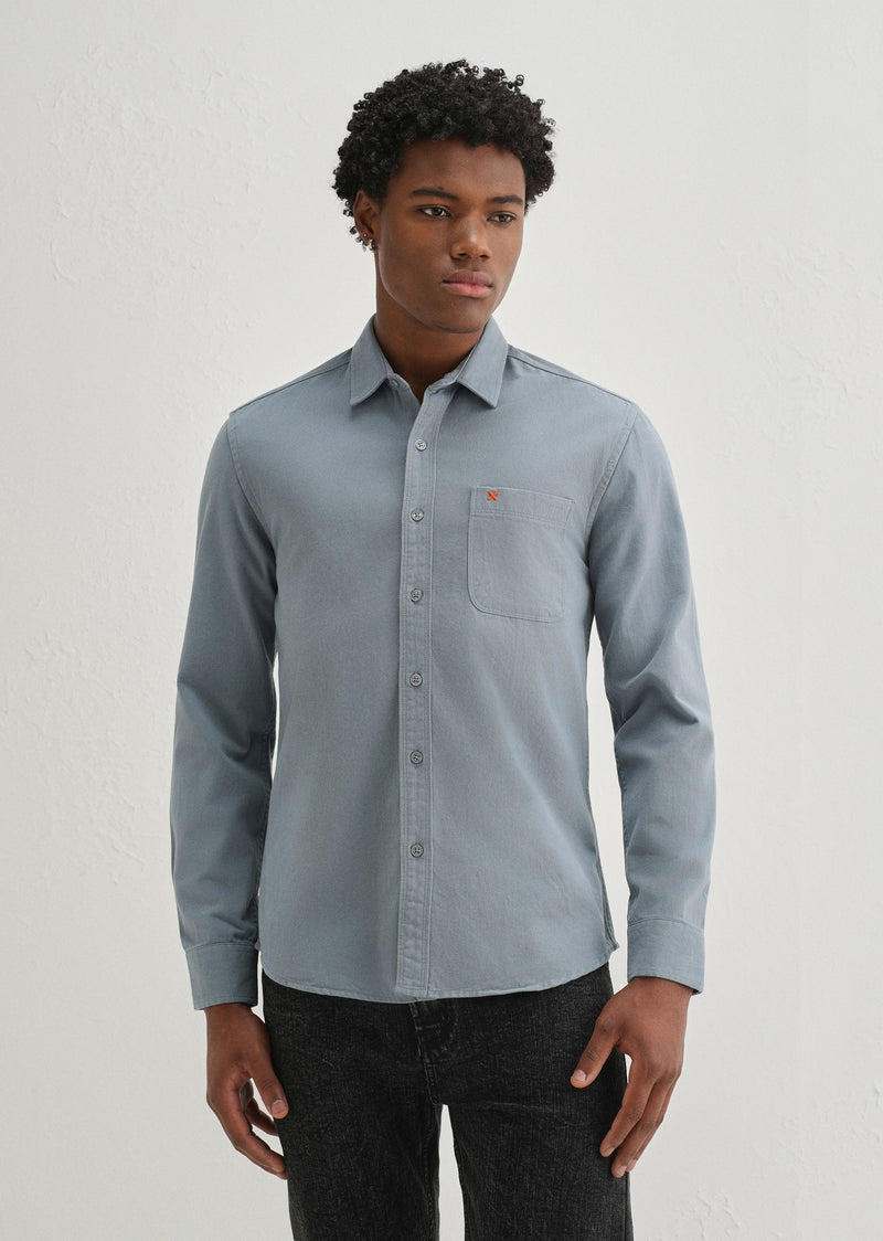 Blue Plain Cotton Single Pocket Shirt