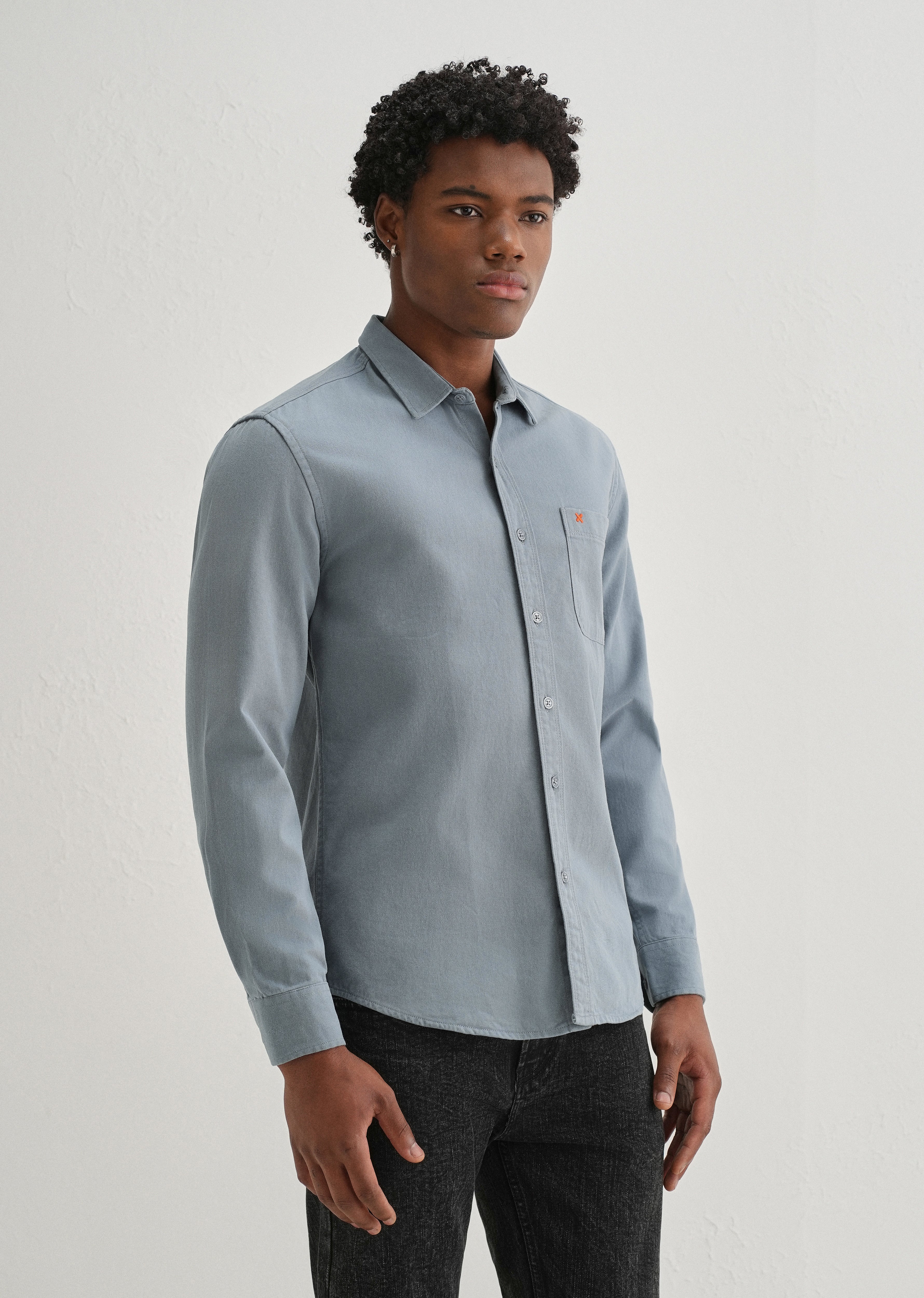 Blue Plain Cotton Single Pocket Shirt