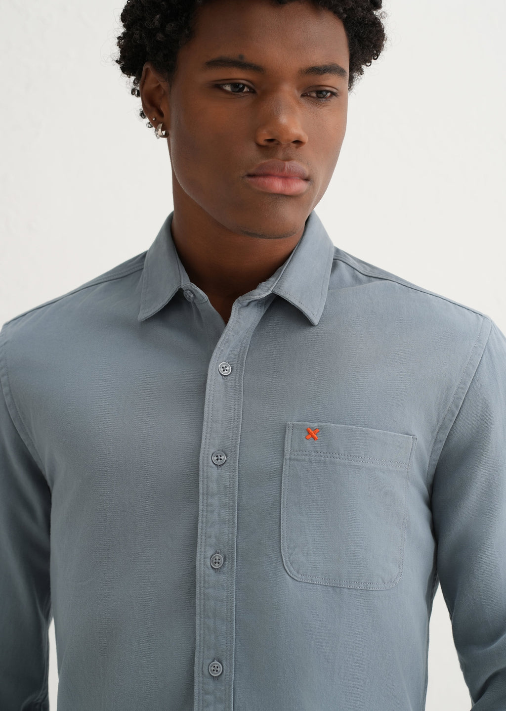 Blue Plain Cotton Single Pocket Shirt