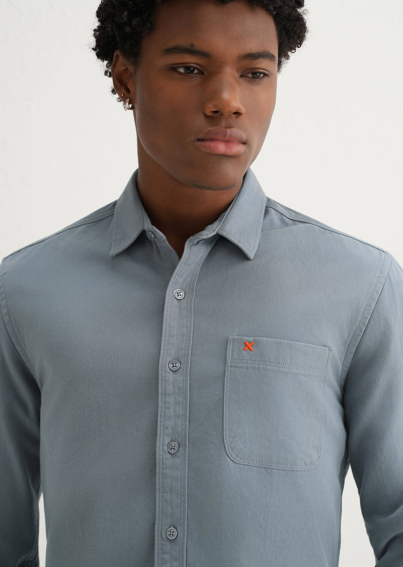 Blue Plain Cotton Single Pocket Shirt