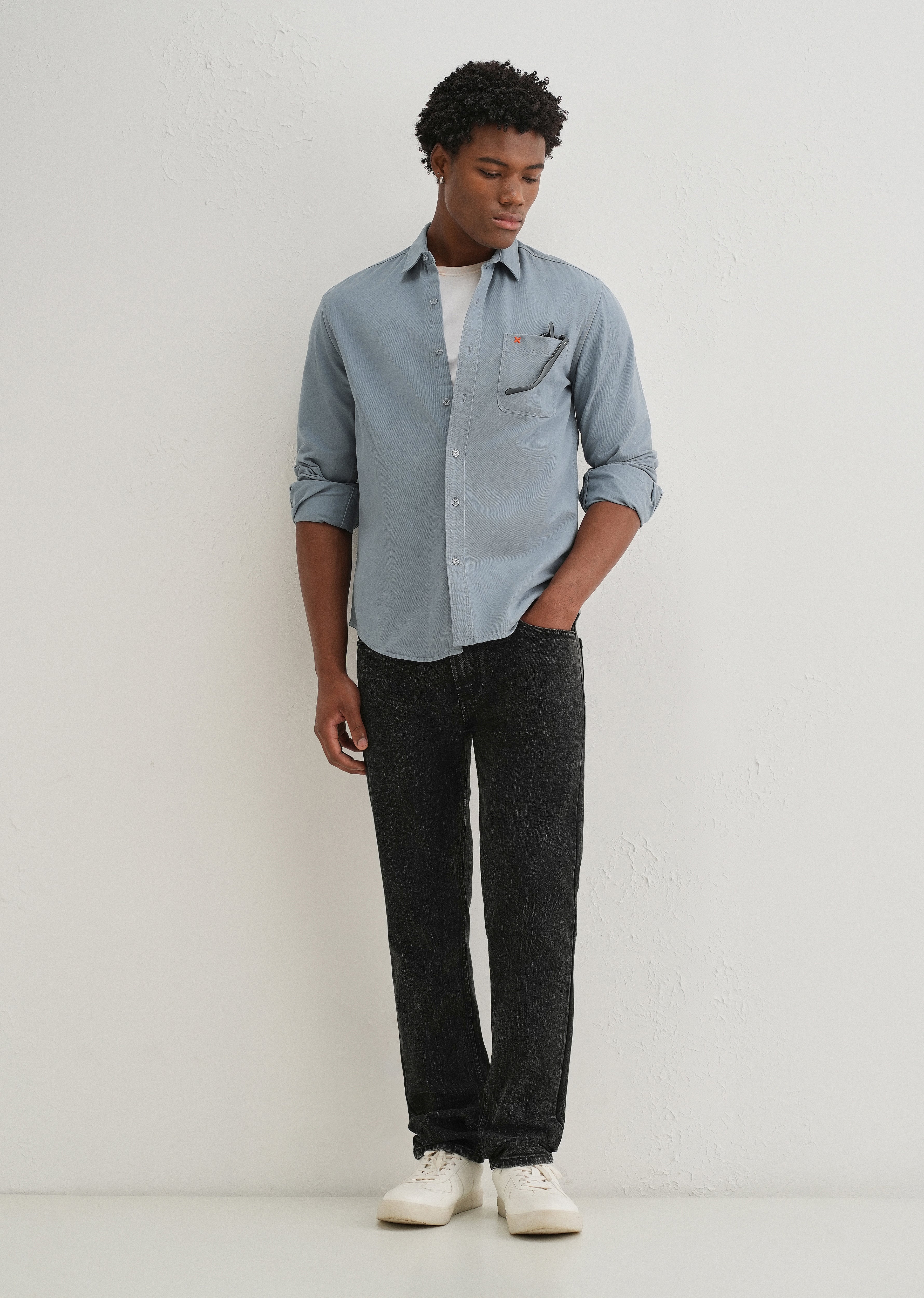 Blue Plain Cotton Single Pocket Shirt