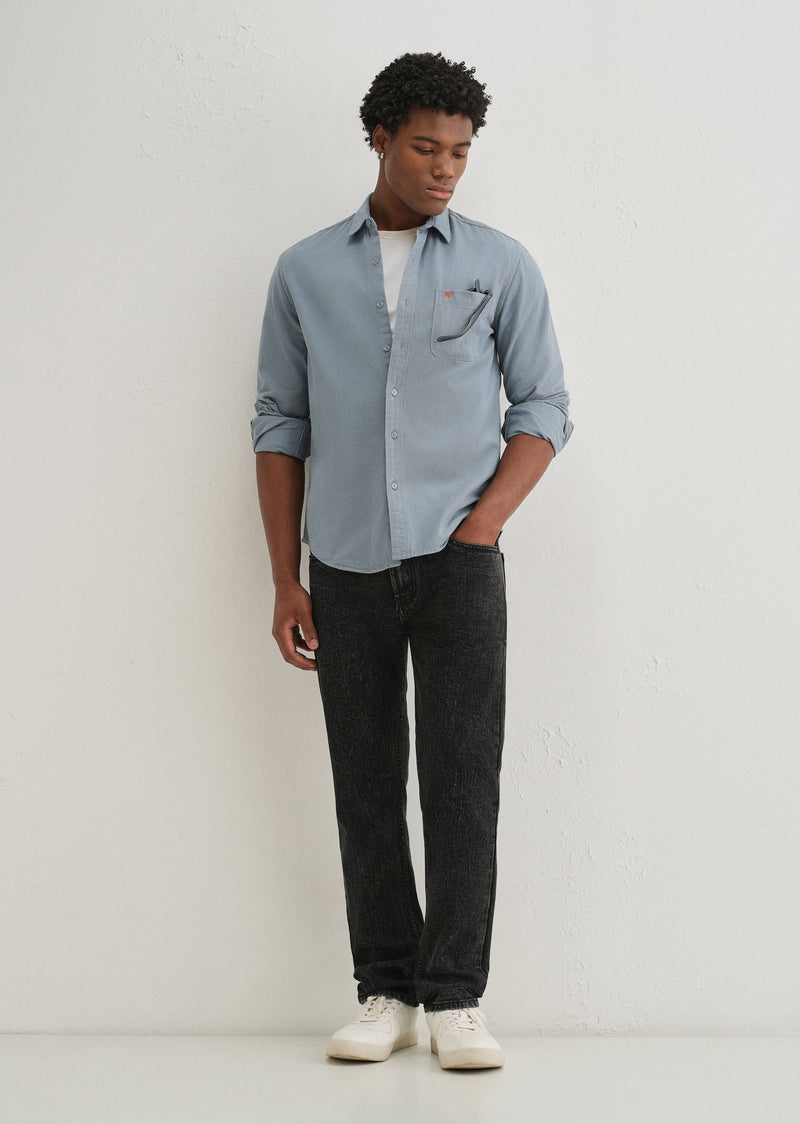 Blue Plain Cotton Single Pocket Shirt