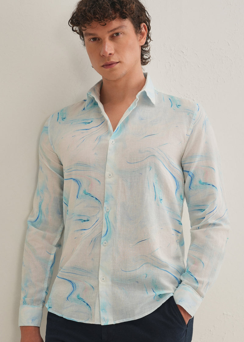 Blue Marble Printed Cotton Linen Shirt