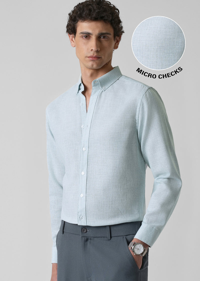 Blue Micro Checks Blended Cotton Shirt