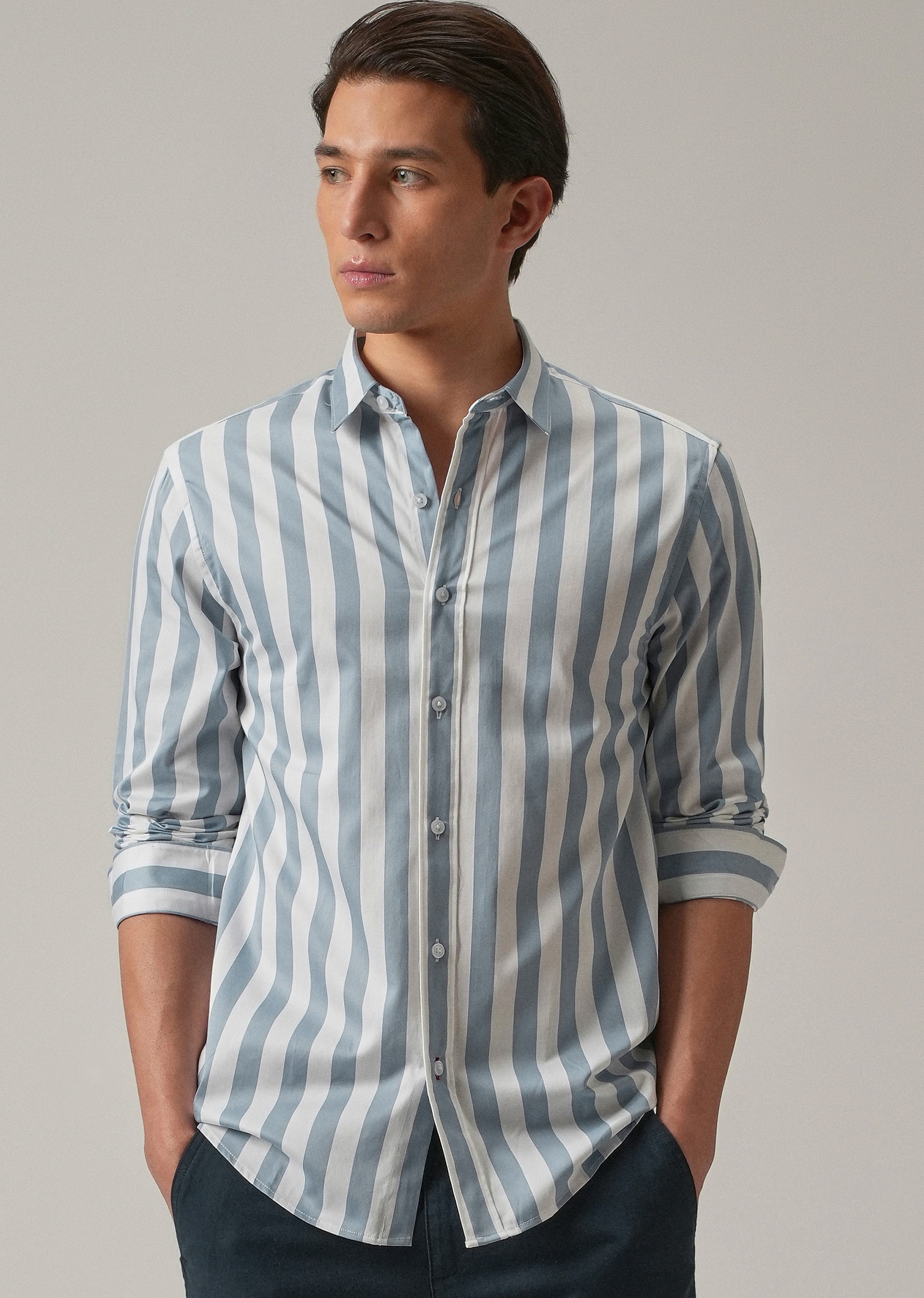 Blue Satin Striped Shirt