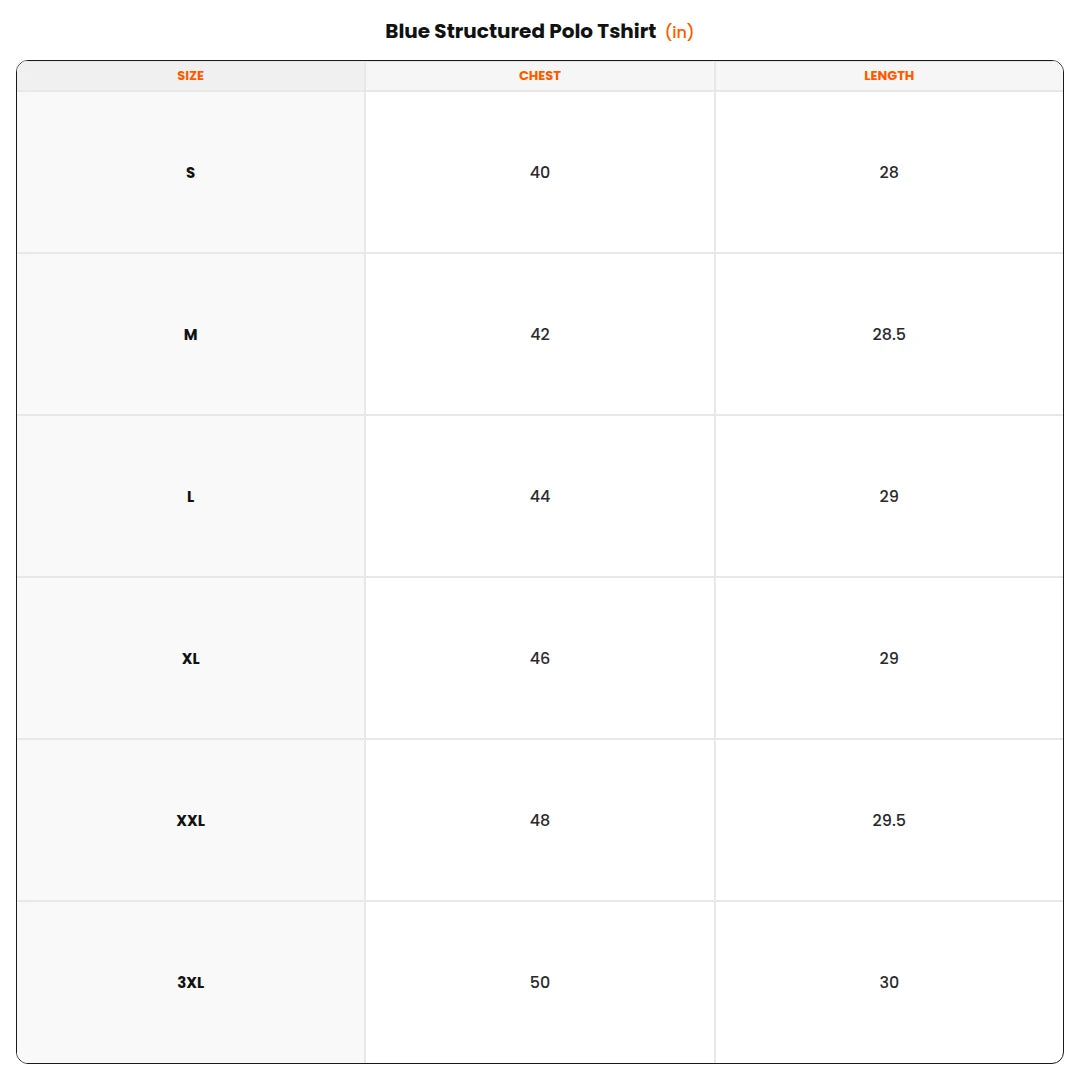 Size chart - Blue Structured Polo Tshirt