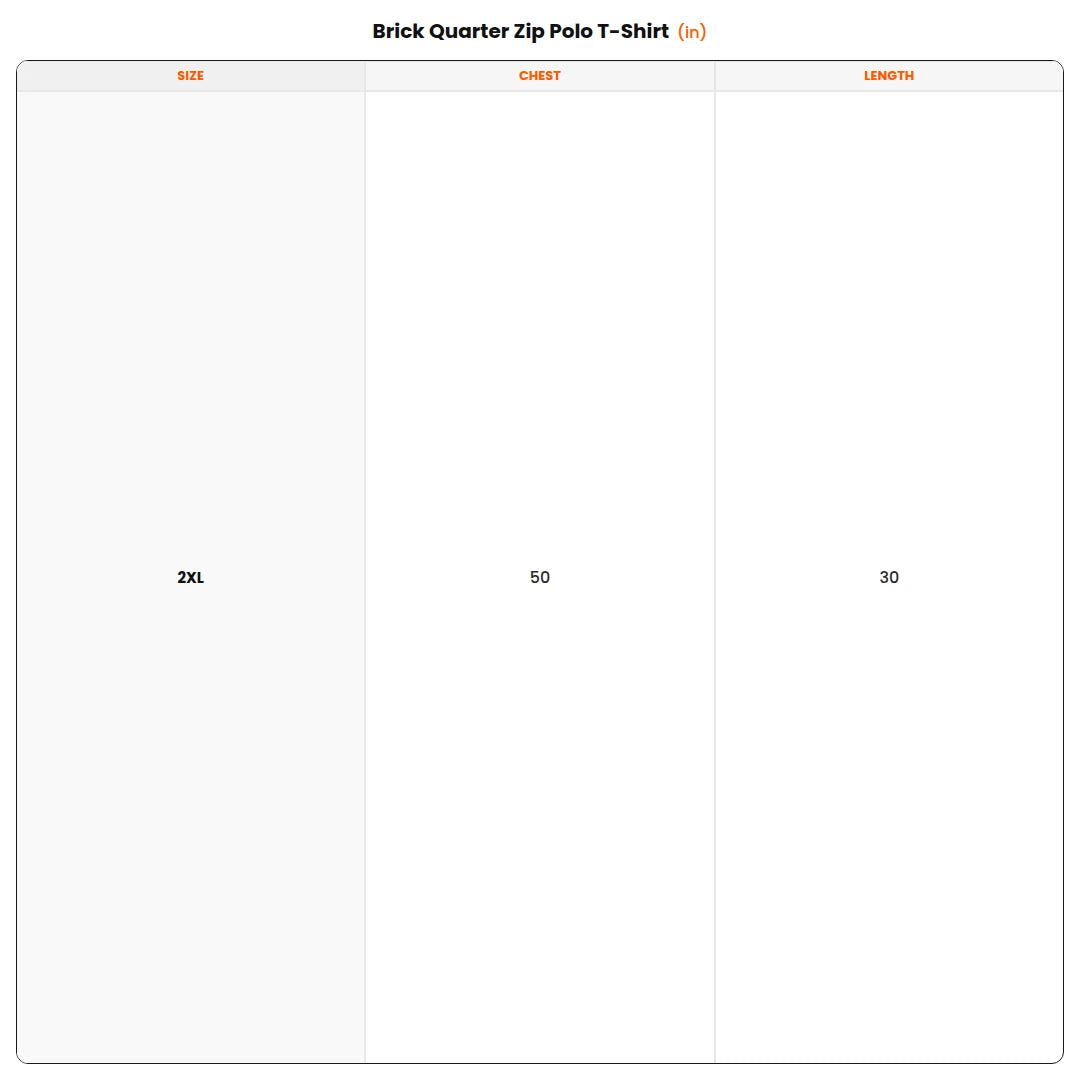 Size chart - Brick Quarter Zip Polo T-Shirt