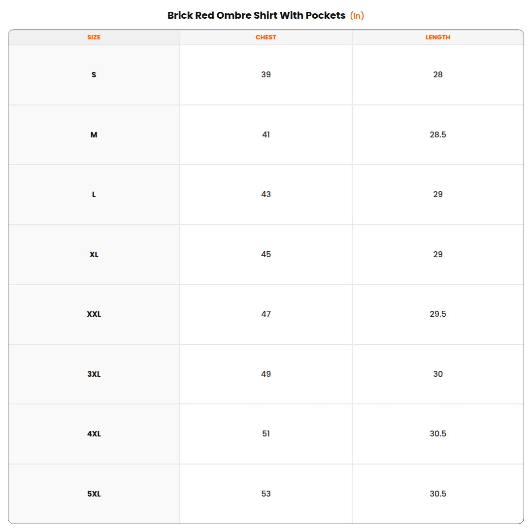 Size chart - Brick Red Ombre Shirt With Pockets