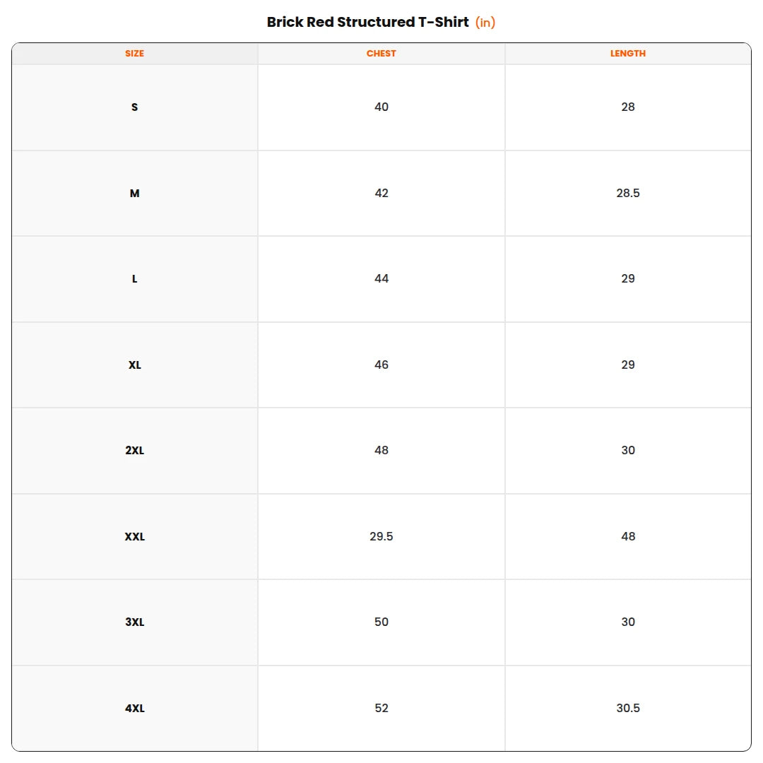Size chart - Brick Red Structured T-Shirt