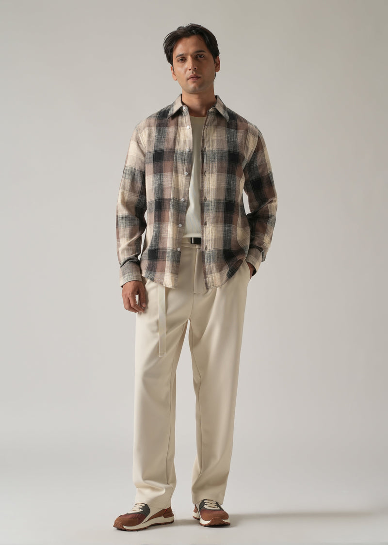 Brown Cotton Linen Box Check shirt