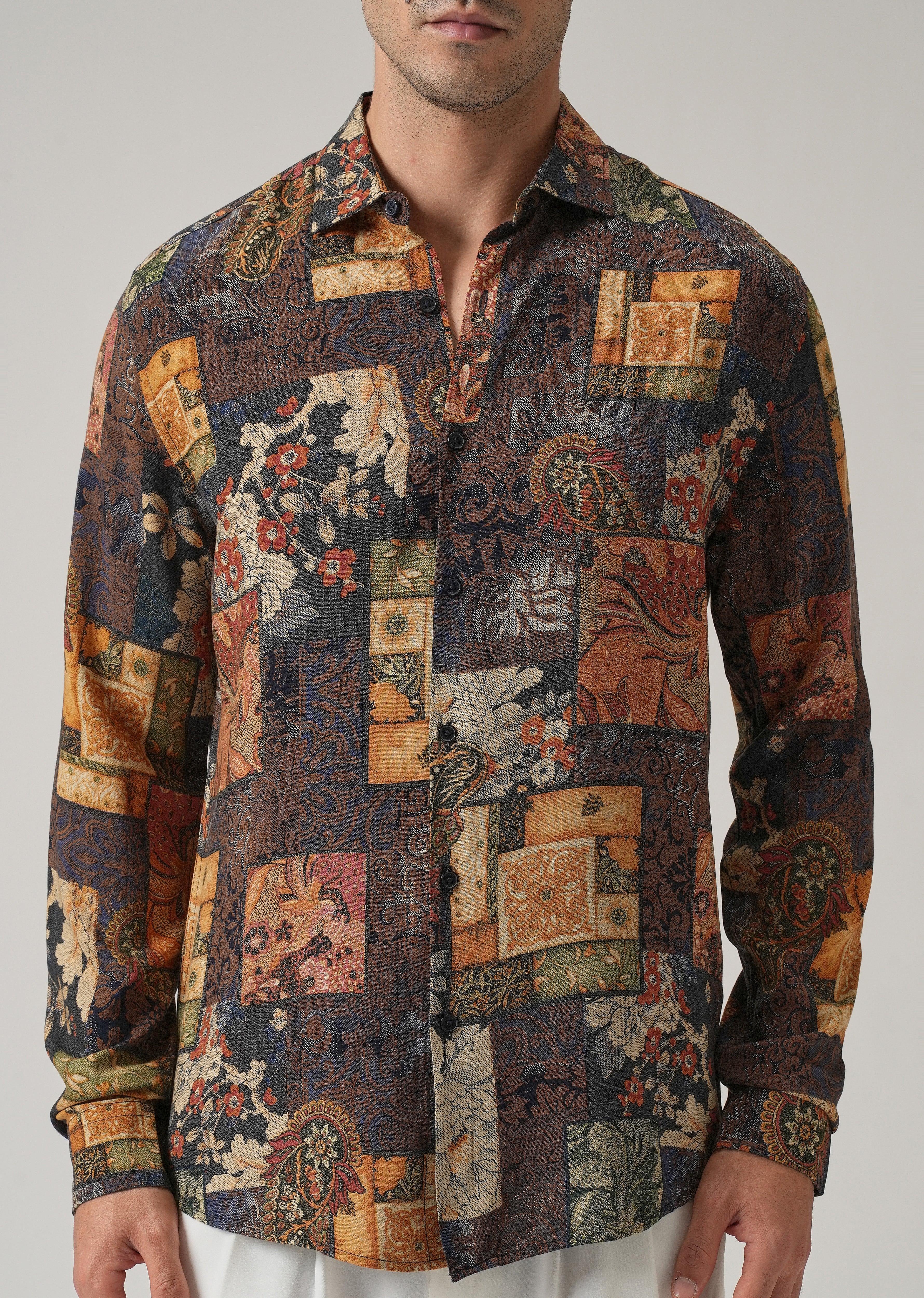 Brown Mosaic Print Feather Shirt