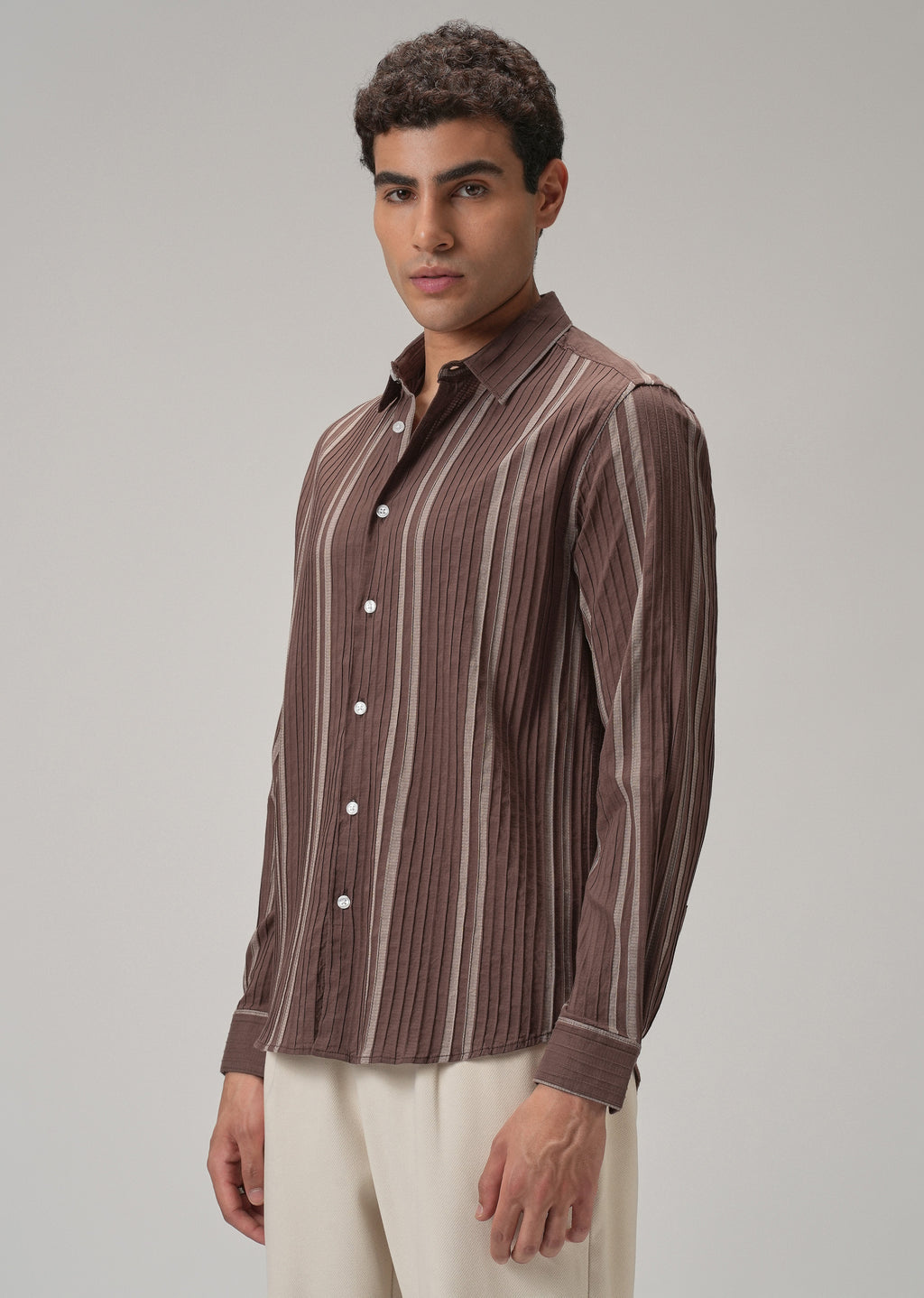 Self Pleat Brown Stripe Shirt