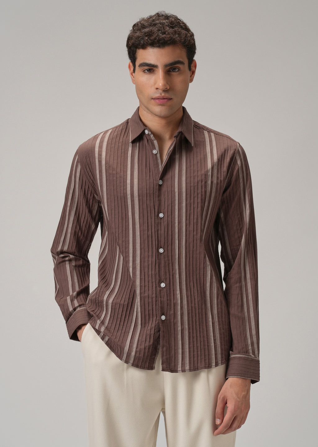 Self Pleat Brown Stripe Shirt