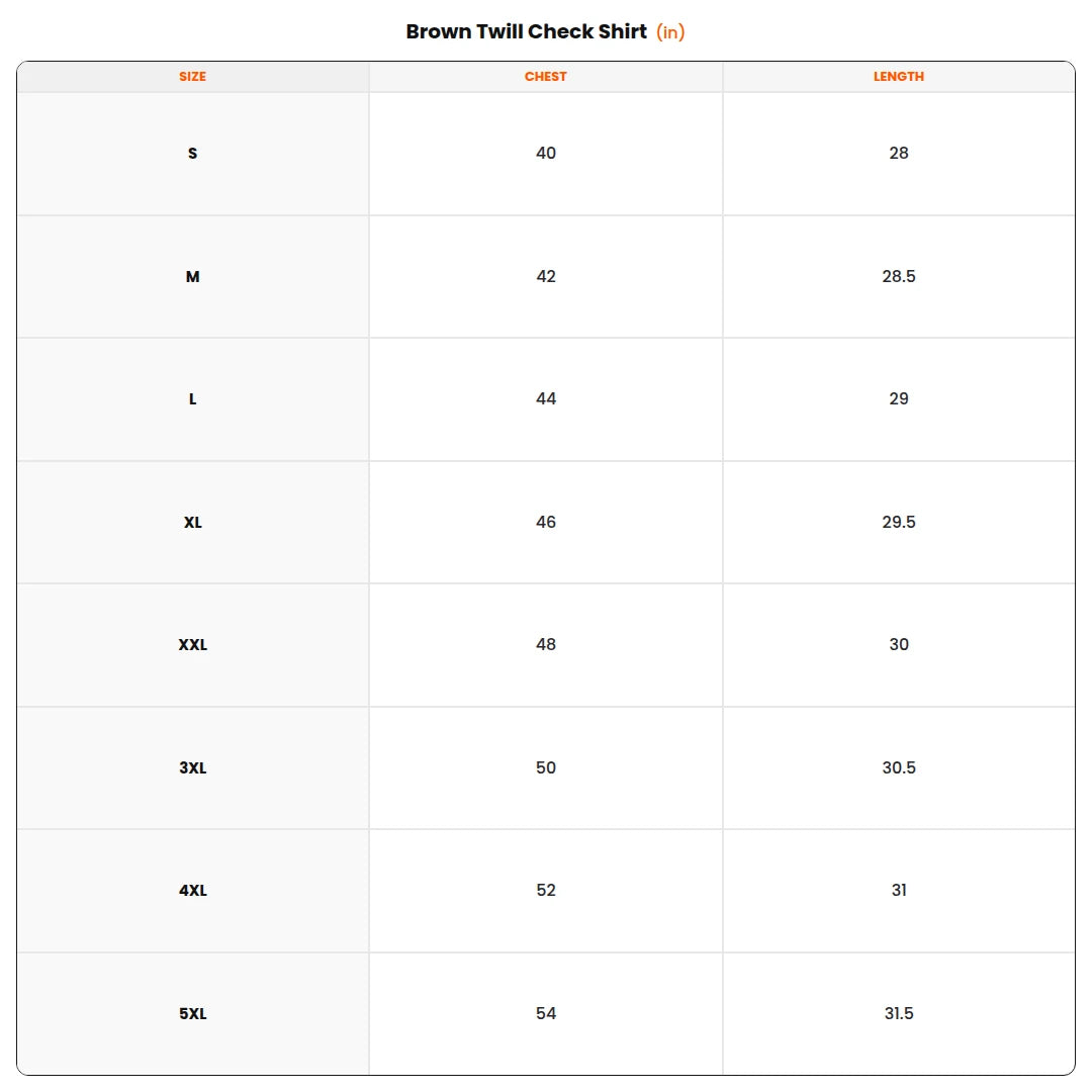 Size chart - Brown Twill Check Shirt