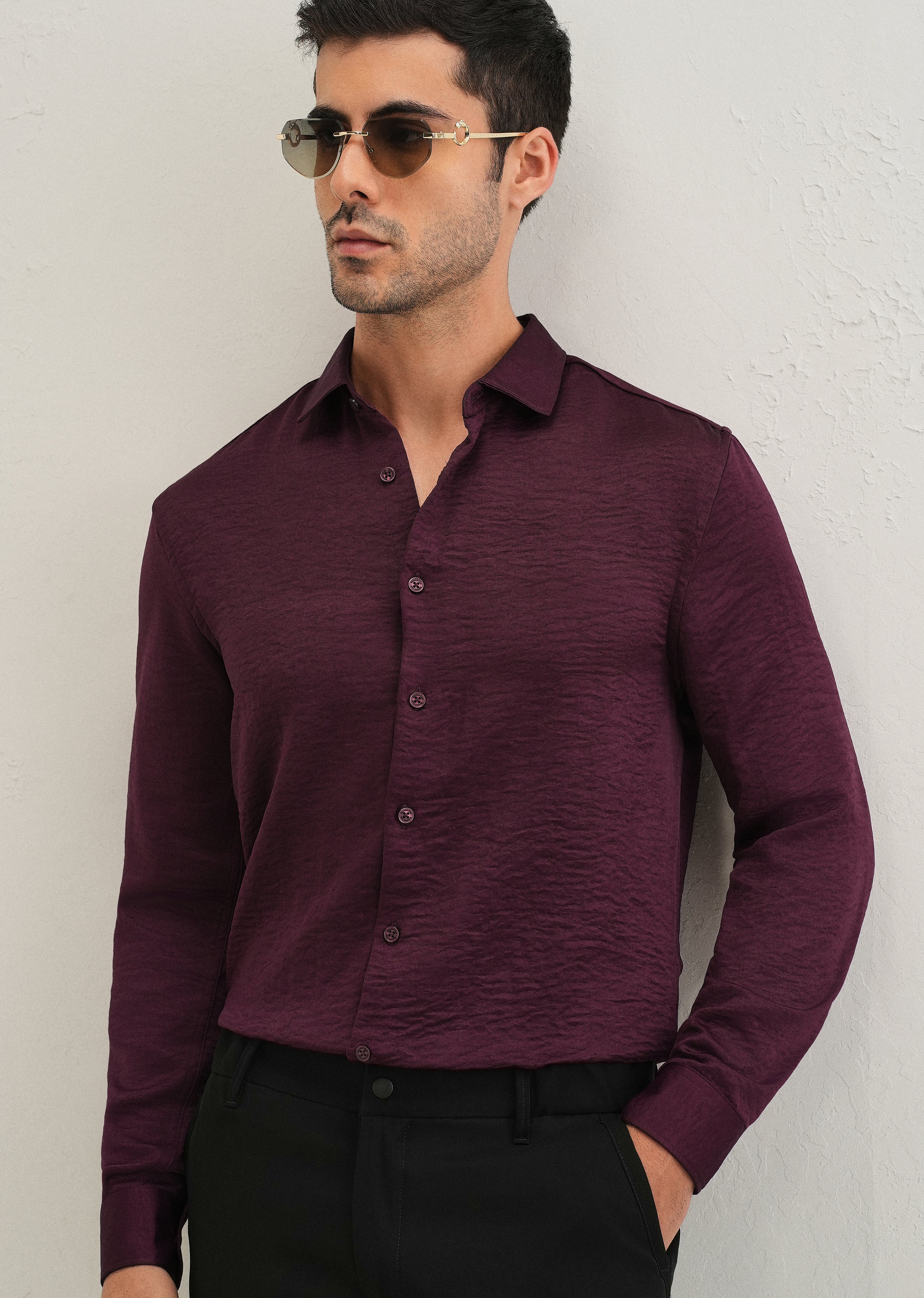 Burgundy Red Plain Crushed Satin Shirt