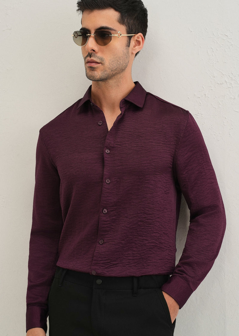 Burgundy Red Plain Crushed Satin Shirt