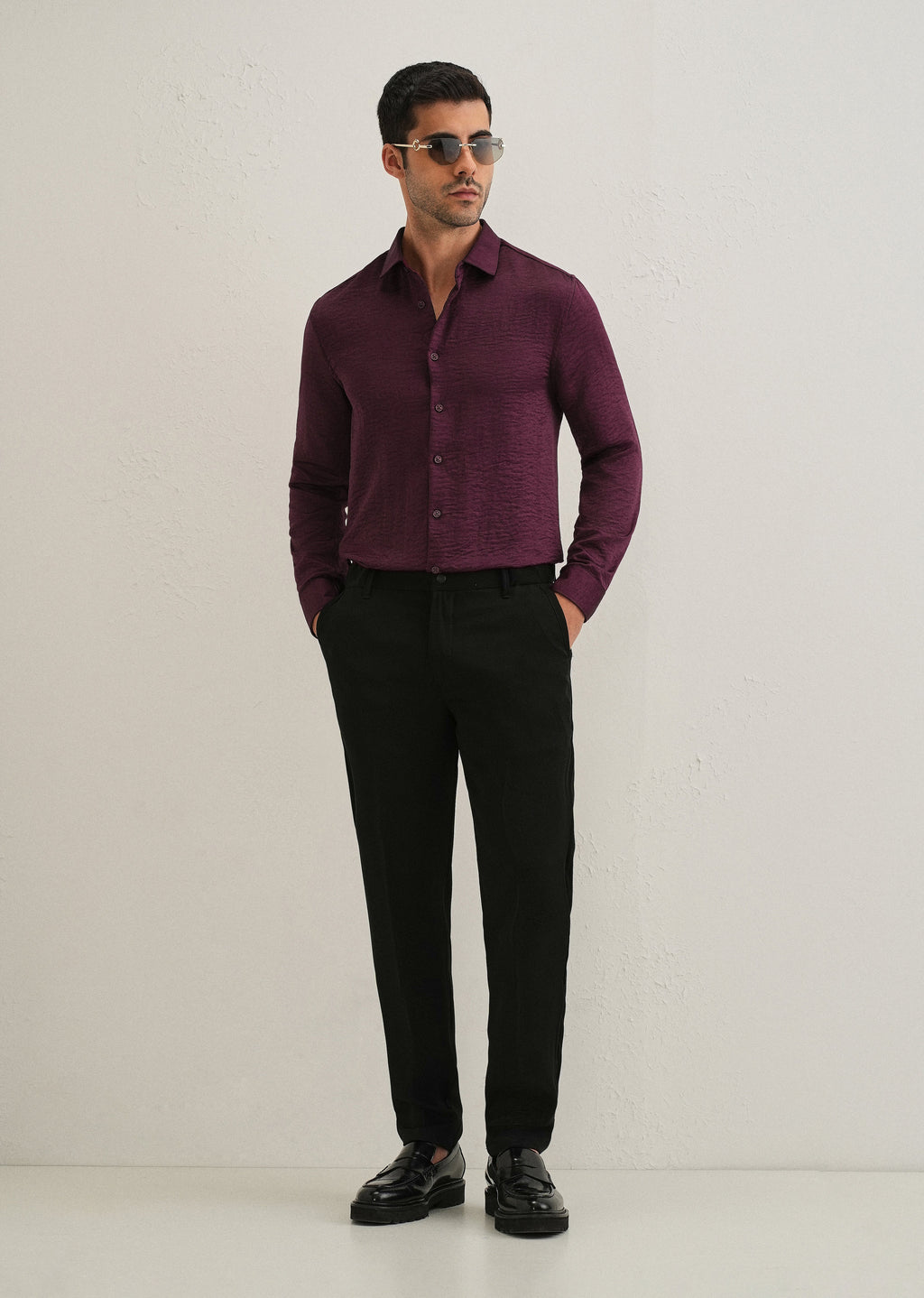 Burgundy Red Plain Crushed Satin Shirt