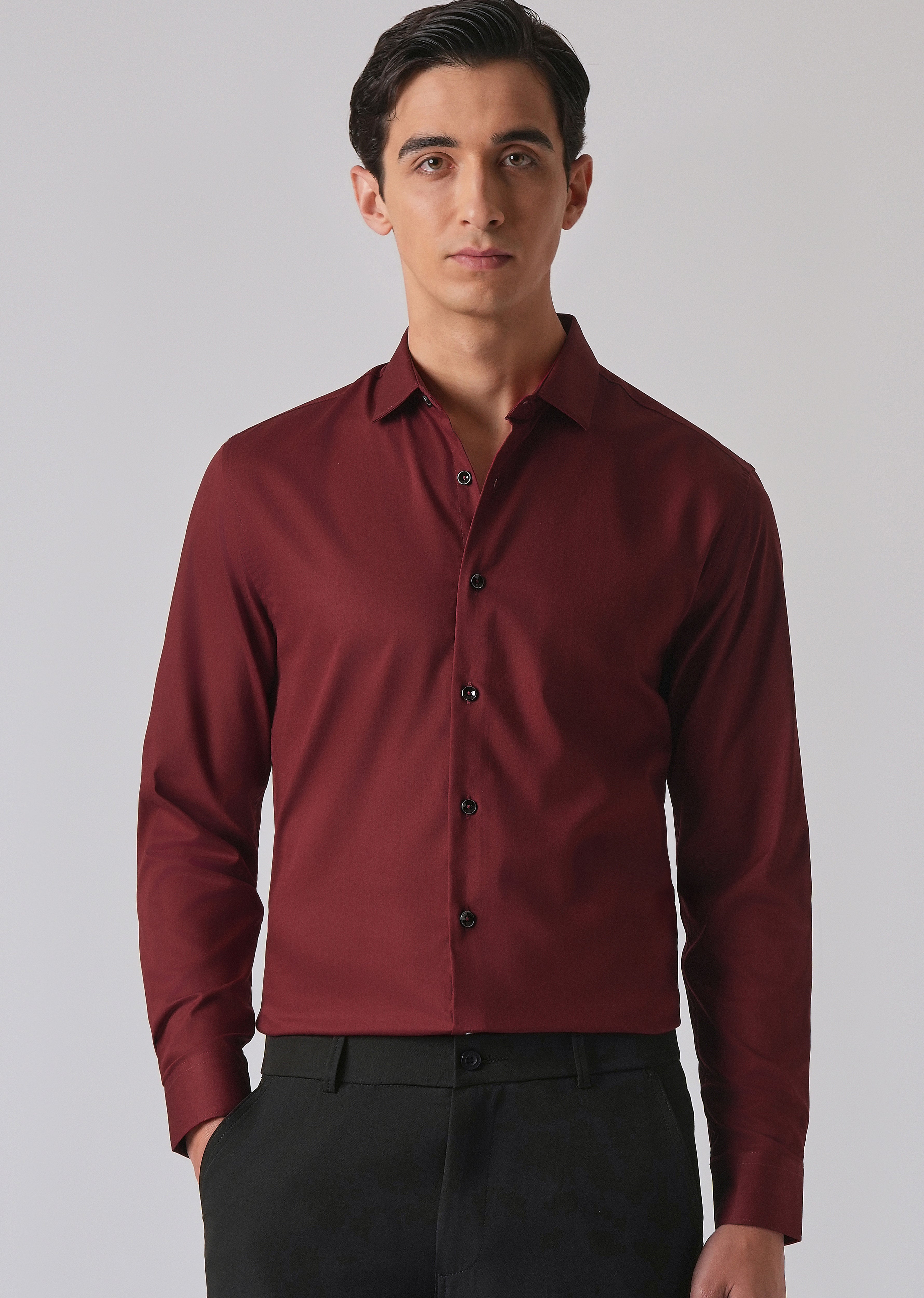 Burgundy Red Cotton Stretch Plain Shirt