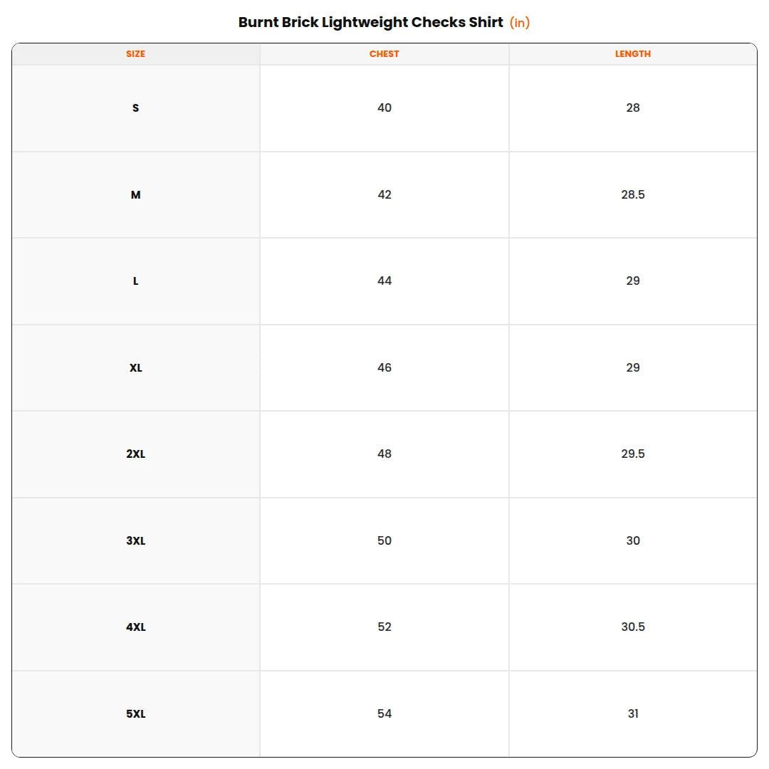 Size chart - Burnt Brick Lightweight Checks Shirt