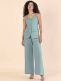 Light-Blue Breezy Women Sweet Heart-Neckline Vest With Straight Relax-Fit Cotton-Blend Co-ord Set