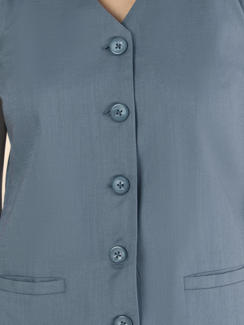 Grey Casual Chic V neckline Button Closure Vest With Double Pleated Cotton Relaxed-Fit Co-ord Set