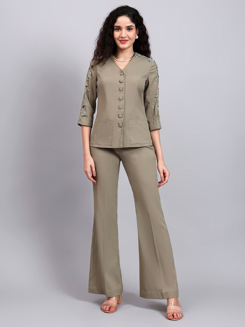 Women Sage Green Stretch Co-Ord Set with sleeve lace detailing