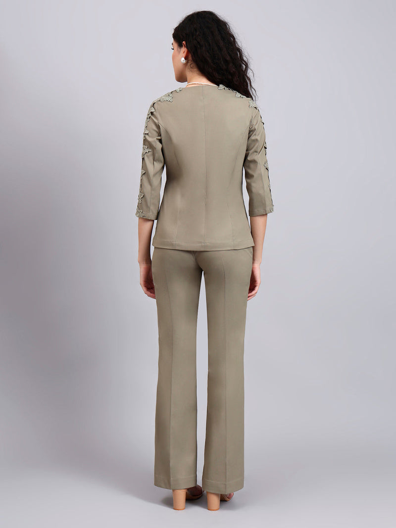 Women Sage Green Stretch Co-Ord Set with sleeve lace detailing