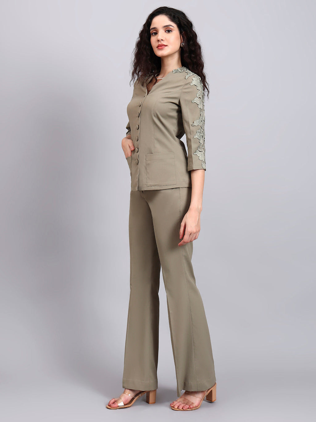 Women Sage Green Stretch Co-Ord Set with sleeve lace detailing
