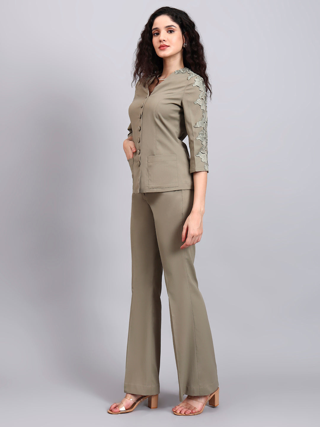 Women Sage Green Stretch Co-Ord Set with sleeve lace detailing