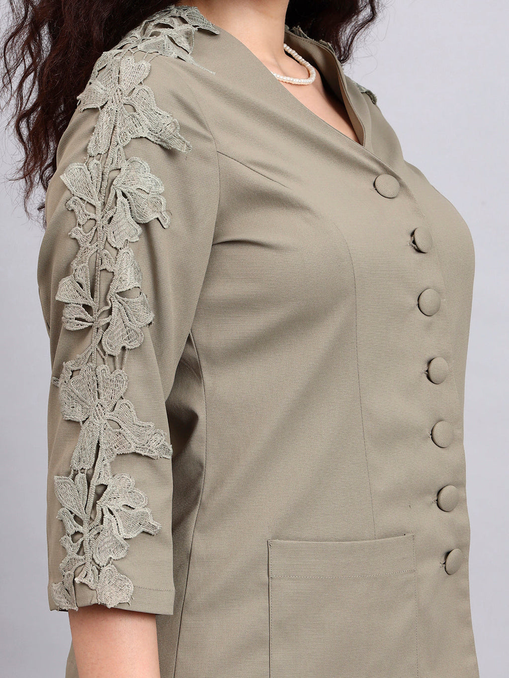 Women Sage Green Stretch Co-Ord Set with sleeve lace detailing