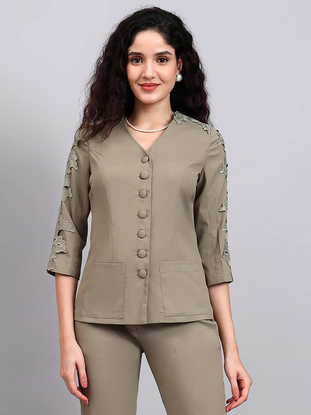 Women Sage Green Stretch Co-Ord Set with sleeve lace detailing