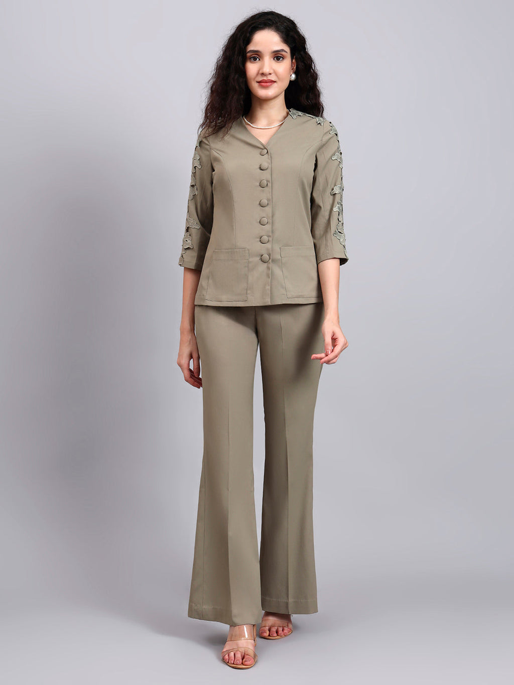 Women Sage Green Stretch Co-Ord Set with sleeve lace detailing