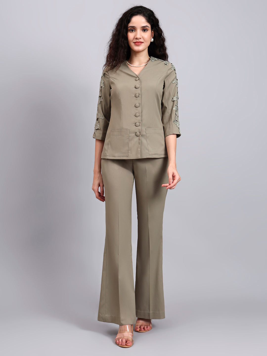 Women Sage Green Stretch Co-Ord Set with sleeve lace detailing