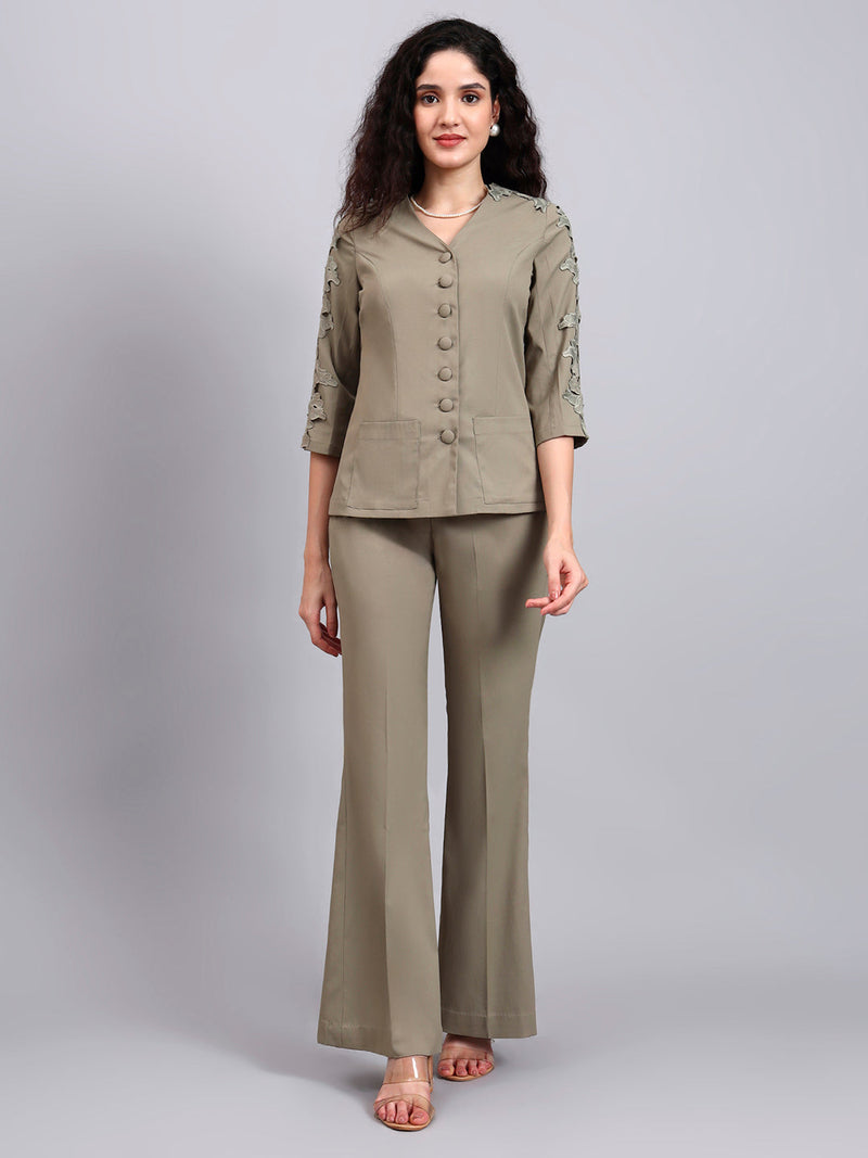 Women Sage Green Stretch Co-Ord Set with sleeve lace detailing
