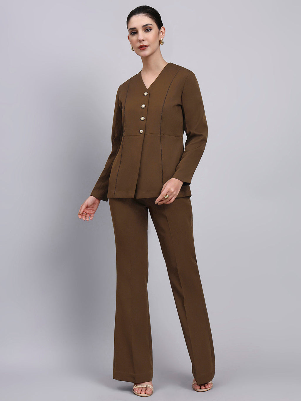 Women  brown Co-Ord Set with lace top and Flared Pants