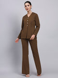 Women  brown Co-Ord Set with lace top and Flared Pants