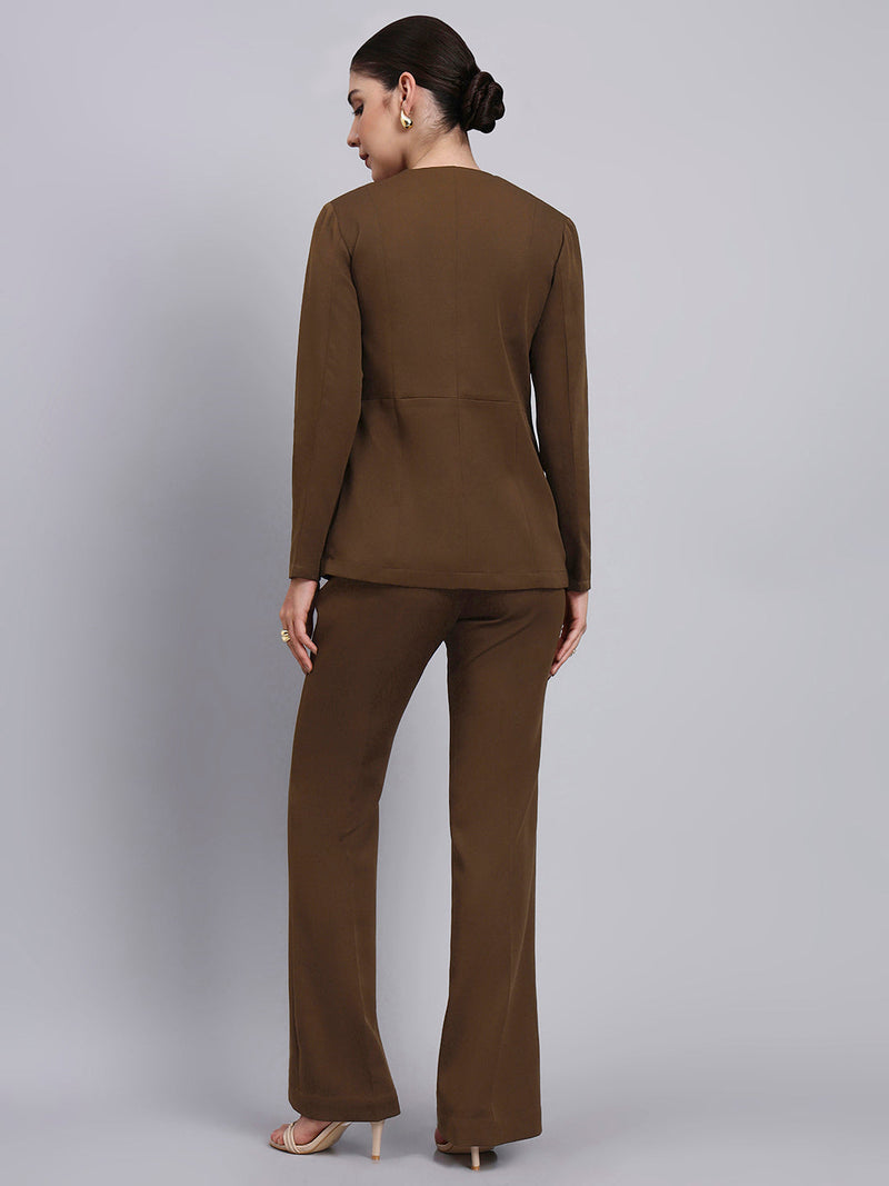 Women  brown Co-Ord Set with lace top and Flared Pants