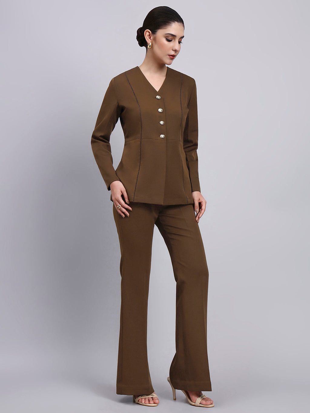 Women  brown Co-Ord Set with lace top and Flared Pants