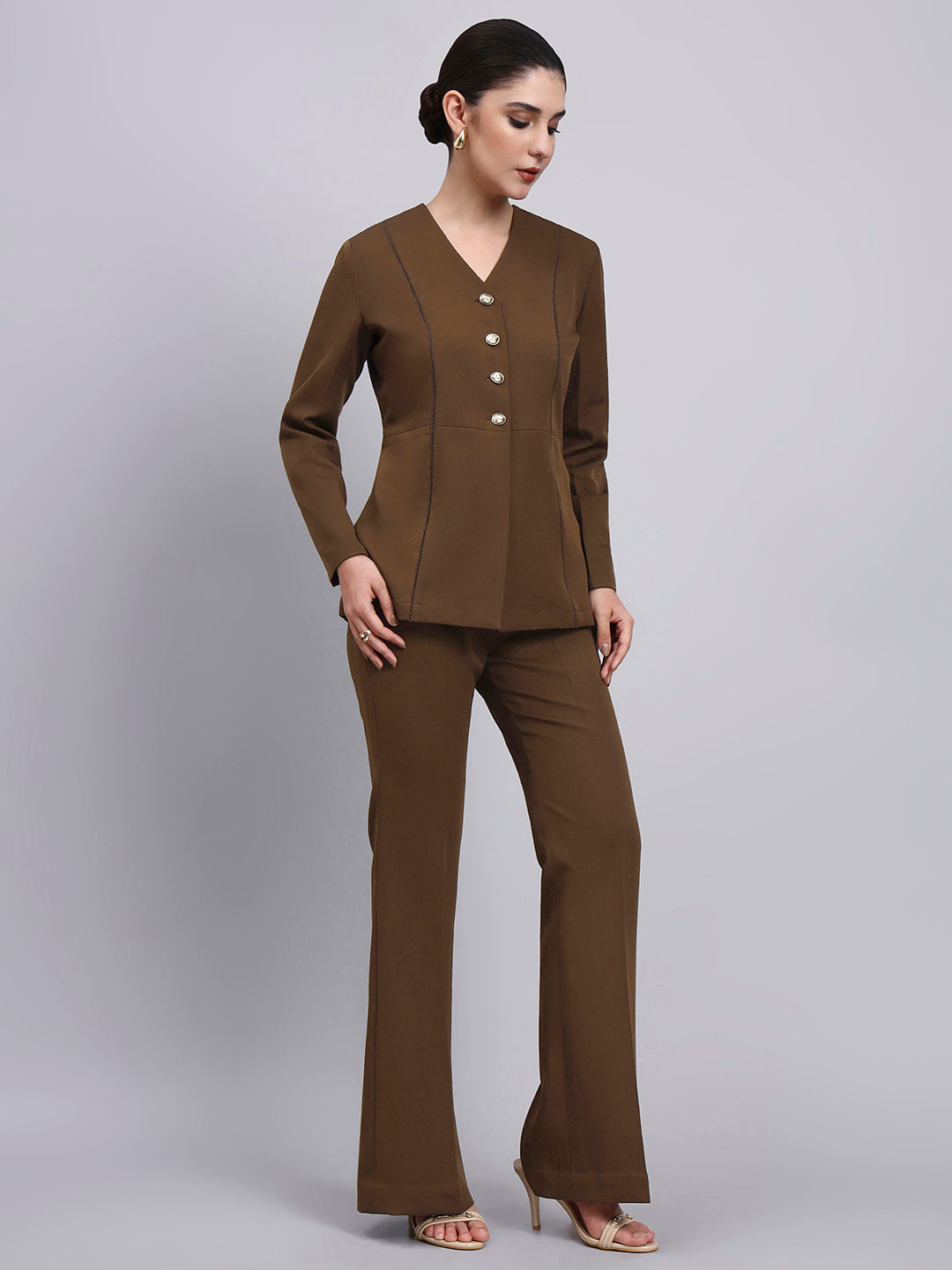Women  brown Co-Ord Set with lace top and Flared Pants