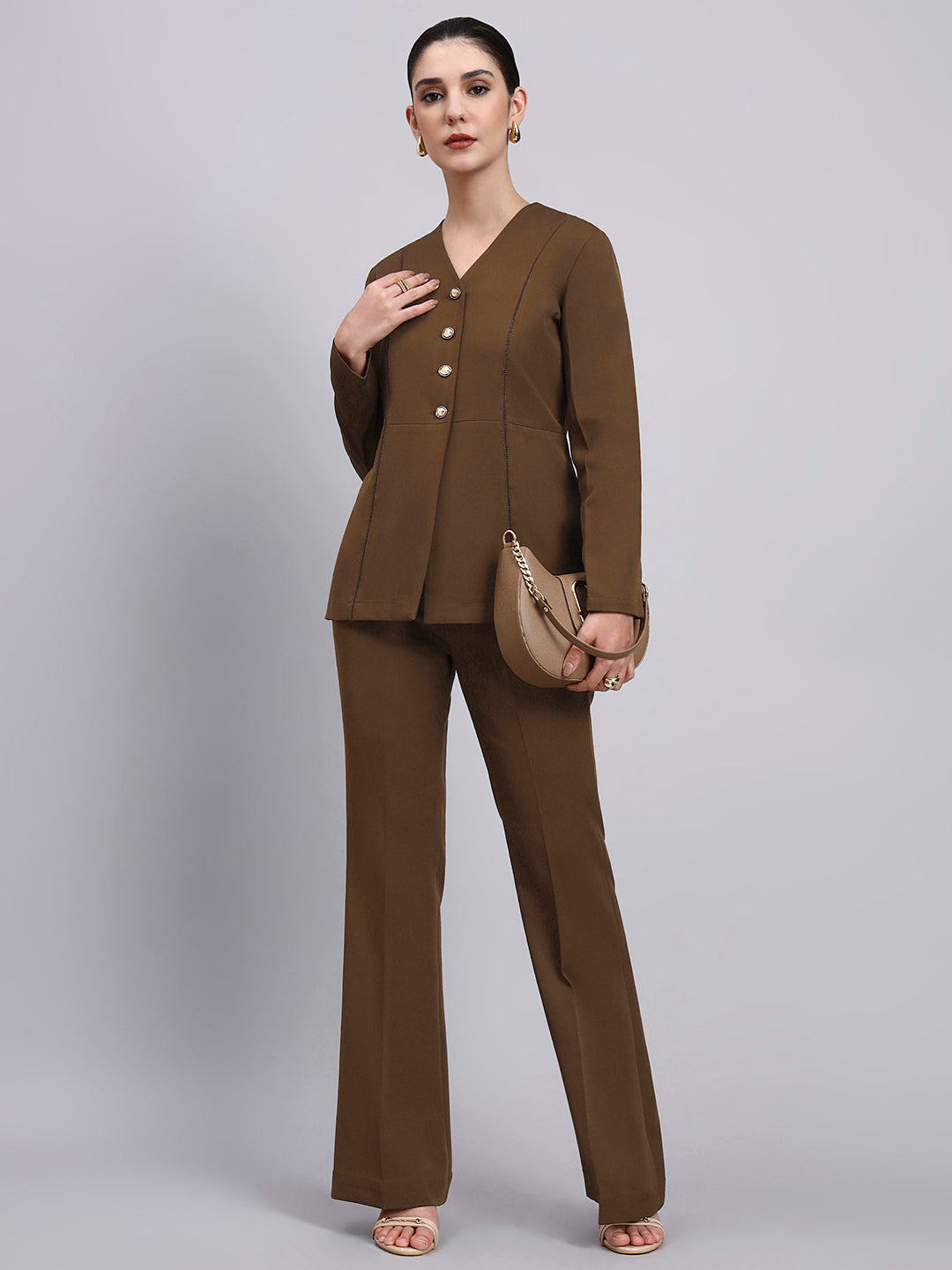 Women  brown Co-Ord Set with lace top and Flared Pants