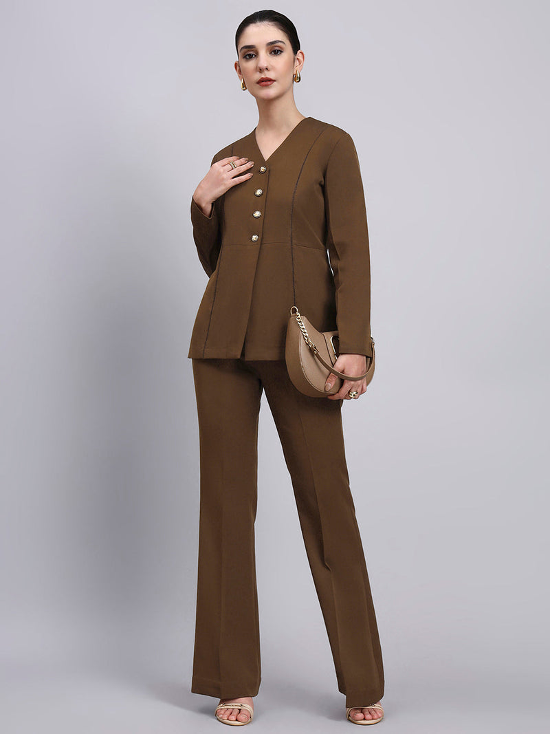 Women  brown Co-Ord Set with lace top and Flared Pants