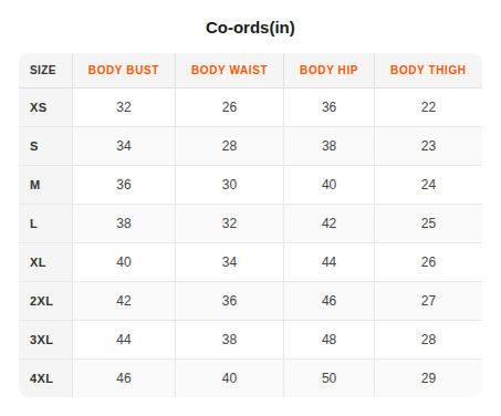 Powersutra Co-ords size chart