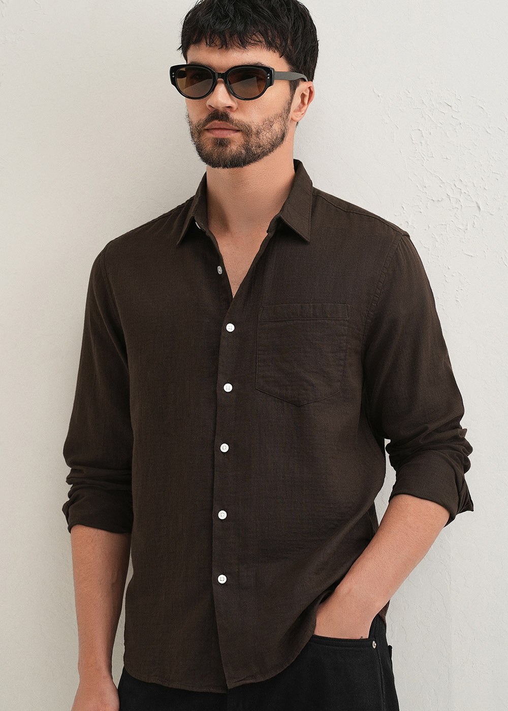 Coffee Brown Double Cloth Cotton Shirt