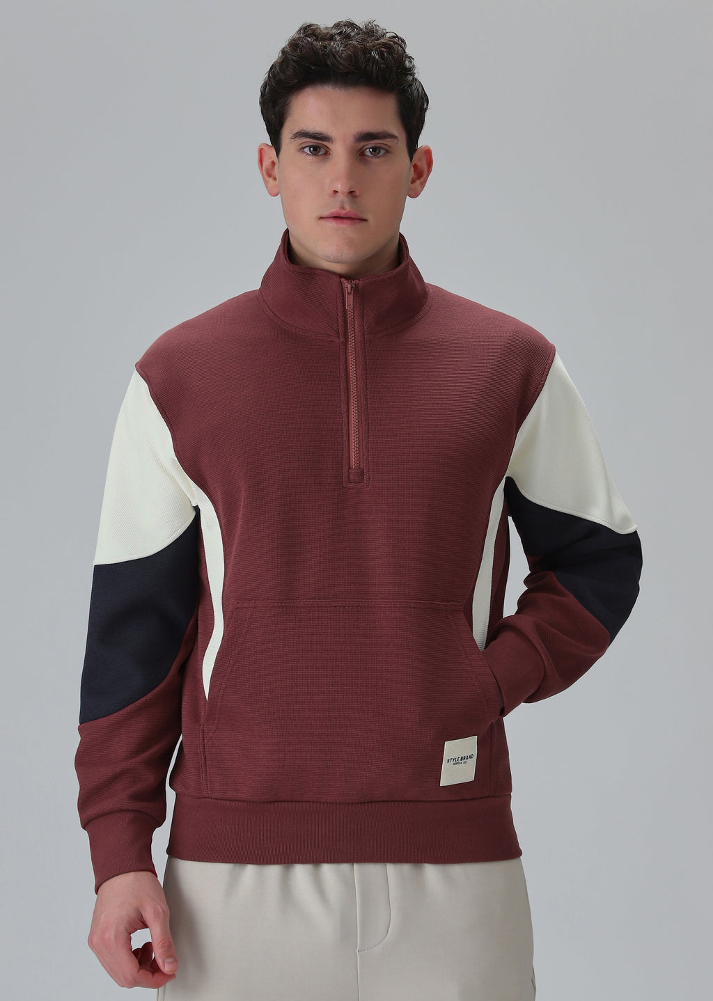 Colour Block Zip Maroon Sweatshirt