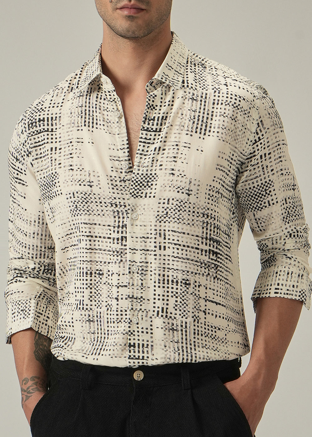 Cream Crosshatch Print Shirt